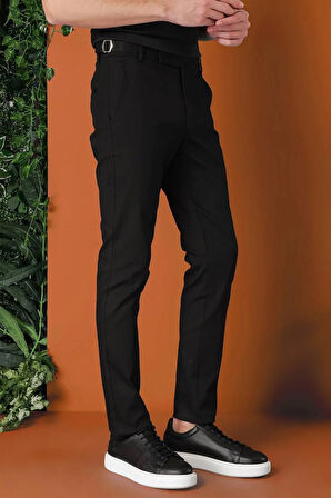 Comfort Fit Yandan Tokalı Düz Esnek Pamuk Casual Siyah Pantolon P 1152
