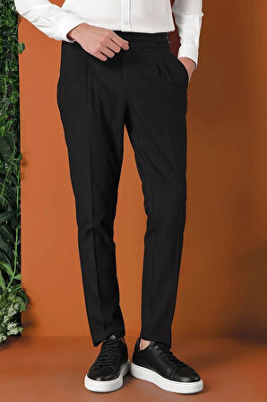 P 1153 Comfort Fit Çift Pile Yandan Tokalı Yüksek Bel Casuel Siyah Pantolon
