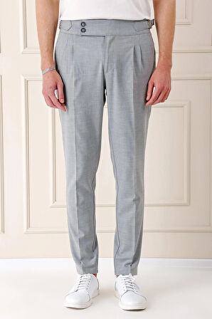 P 1153 Comfort Fit Çift Pile Yandan Tokalı Yüksek Bel Casuel Gri Pantolon