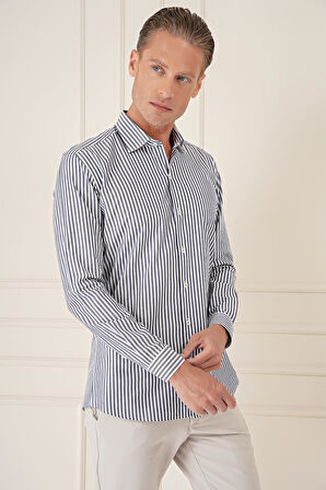 Gk 721 Slim Fit Dikine Çizgili %100 Pamuk Klasik Lacivert Beyaz Gömlek
