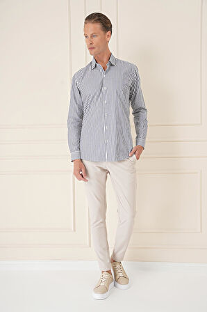 Gk 721 Slim Fit Dikine Çizgili %100 Pamuk Klasik Lacivert Beyaz Gömlek