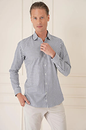 Gk 721 Slim Fit Dikine Çizgili %100 Pamuk Klasik Lacivert Beyaz Gömlek