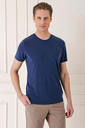 Ts 881 Slim Fit Bisiklet Yaka Doku Desenli Pamuklu Lacivert Tişört