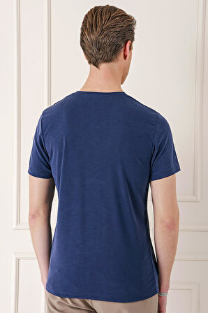 Ts 881 Slim Fit Bisiklet Yaka Doku Desenli Pamuklu Lacivert Tişört