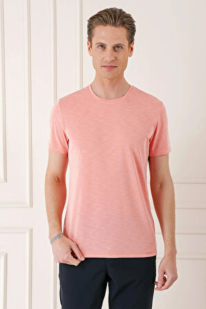 Ts 881 Slim Fit Bisiklet Yaka Doku Desenli Pamuklu Mercan Tişört