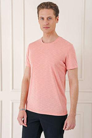 Ts 881 Slim Fit Bisiklet Yaka Doku Desenli Pamuklu Mercan Tişört