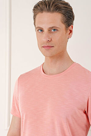 Ts 881 Slim Fit Bisiklet Yaka Doku Desenli Pamuklu Mercan Tişört