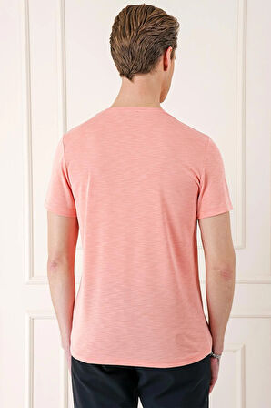 Ts 881 Slim Fit Bisiklet Yaka Doku Desenli Pamuklu Mercan Tişört