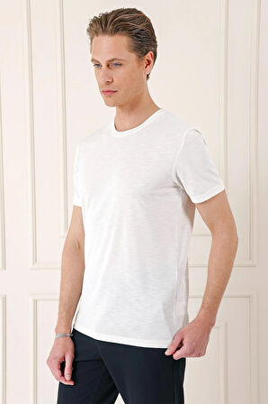 Ts 881 Slim Fit Bisiklet Yaka Doku Desenli Pamuklu Ekru Tişört