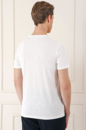 Ts 881 Slim Fit Bisiklet Yaka Doku Desenli Pamuklu Ekru Tişört