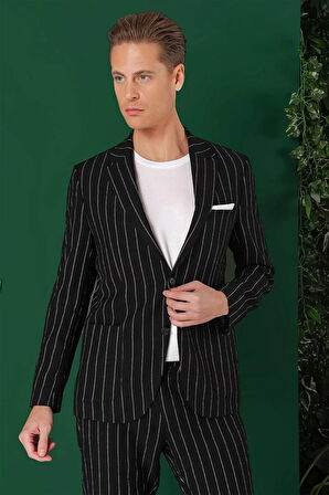 C 671 Comfort Fit Çift Yırtmaç İtalyan Çizgili Keten Casuel Siyah Ceket