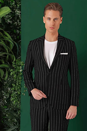 C 671 Comfort Fit Çift Yırtmaç İtalyan Çizgili Keten Casuel Siyah Ceket