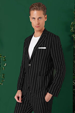 C 671 Comfort Fit Çift Yırtmaç İtalyan Çizgili Keten Casuel Siyah Ceket