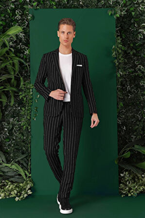 C 671 Comfort Fit Çift Yırtmaç İtalyan Çizgili Keten Casuel Siyah Ceket