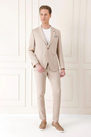 C 671 Comfort Fit Çift Yırtmaç İtalyan Çizgili Keten Casuel Bej Ceket