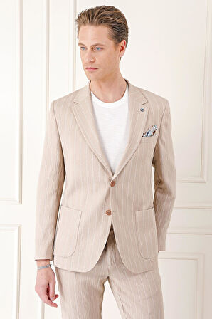 C 671 Comfort Fit Çift Yırtmaç İtalyan Çizgili Keten Casuel Bej Ceket