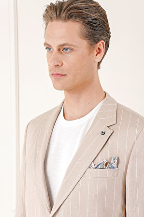 C 671 Comfort Fit Çift Yırtmaç İtalyan Çizgili Keten Casuel Bej Ceket