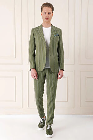 C 671 Comfort Fit Çift Yırtmaç İtalyan Çizgili Keten Casuel Haki Ceket