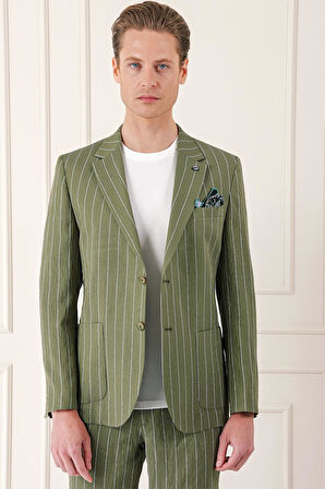 C 671 Comfort Fit Çift Yırtmaç İtalyan Çizgili Keten Casuel Haki Ceket