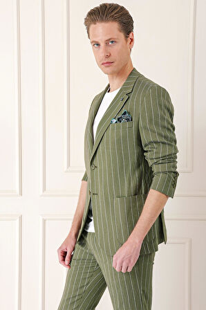 C 671 Comfort Fit Çift Yırtmaç İtalyan Çizgili Keten Casuel Haki Ceket