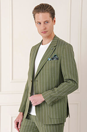 C 671 Comfort Fit Çift Yırtmaç İtalyan Çizgili Keten Casuel Haki Ceket