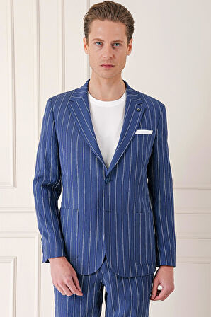 C 671 Comfort Fit Çift Yırtmaç İtalyan Çizgili Keten Casuel İndigo Ceket
