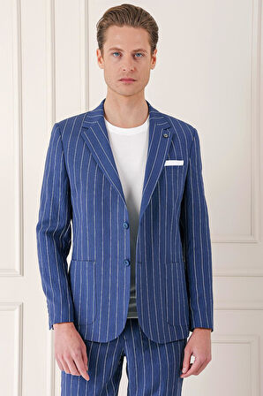 C 671 Comfort Fit Çift Yırtmaç İtalyan Çizgili Keten Casuel İndigo Ceket