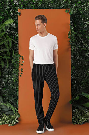 P 1151 Comfort Fit Yandan Tokalı Çizgili Keten Casuel Siyah Pantolon