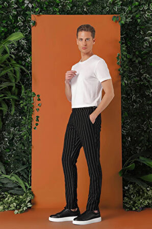 P 1151 Comfort Fit Yandan Tokalı Çizgili Keten Casuel Siyah Pantolon