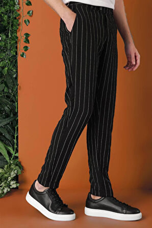 P 1151 Comfort Fit Yandan Tokalı Çizgili Keten Casuel Siyah Pantolon