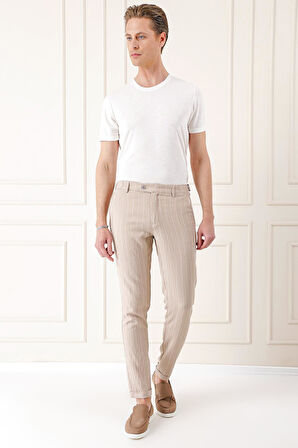 Comfort Fit Yandan Tokalı Çizgili Keten Casual Bej Pantolon P 1151