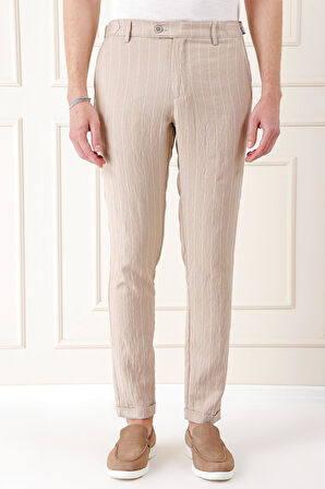 Comfort Fit Yandan Tokalı Çizgili Keten Casual Bej Pantolon P 1151