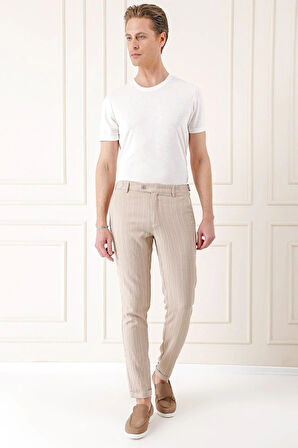 Comfort Fit Yandan Tokalı Çizgili Keten Casual Bej Pantolon P 1151