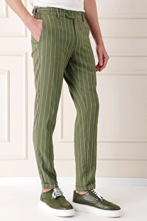 Comfort Fit Yandan Tokalı Çizgili Keten Casual Haki Pantolon P 1151