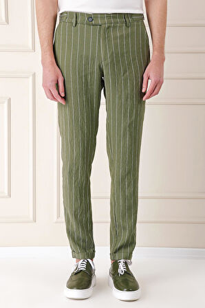 Comfort Fit Yandan Tokalı Çizgili Keten Casual Haki Pantolon P 1151