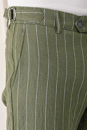 Comfort Fit Yandan Tokalı Çizgili Keten Casual Haki Pantolon P 1151