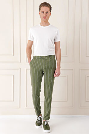 Comfort Fit Yandan Tokalı Çizgili Keten Casual Haki Pantolon P 1151