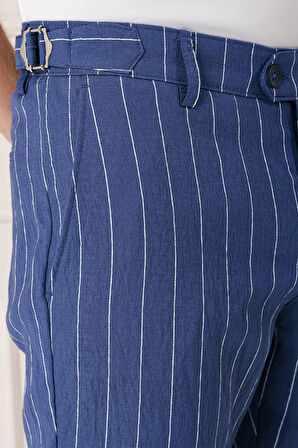 Comfort Fit Yandan Tokalı Çizgili Keten Casual İndigo Pantolon P 1151