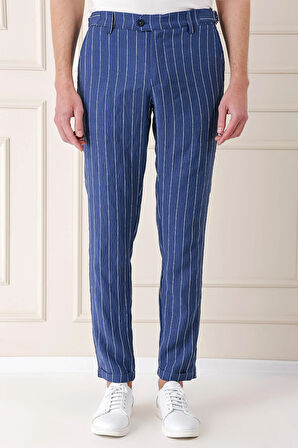 Comfort Fit Yandan Tokalı Çizgili Keten Casual İndigo Pantolon P 1151