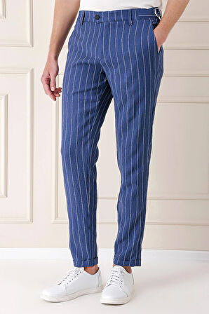 Comfort Fit Yandan Tokalı Çizgili Keten Casual İndigo Pantolon P 1151