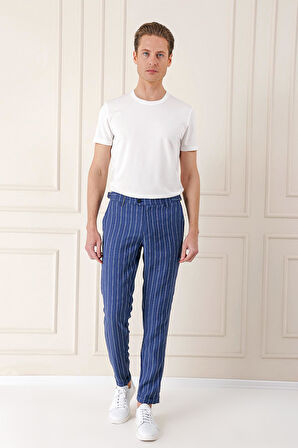 Comfort Fit Yandan Tokalı Çizgili Keten Casual İndigo Pantolon P 1151