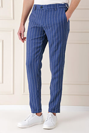 Comfort Fit Yandan Tokalı Çizgili Keten Casual İndigo Pantolon P 1151