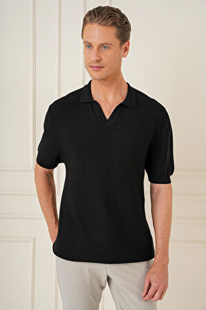 Tr 868 Slim Fit Polo Yaka Kısa Kol %100 Pamuk Siyah Triko