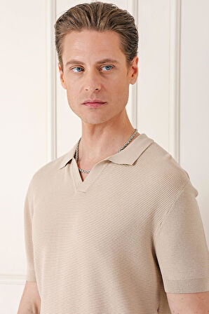 Tr 868 Slim Fit Polo Yaka Kısa Kol %100 Pamuk Bej Triko