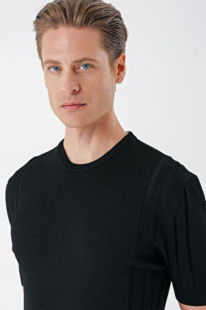 Tr 869 Slim Fit Bisiklet Yaka Kısa Kol Siyah Triko