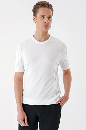 Tr 869 Slim Fit Bisiklet Yaka Kısa Kol Beyaz Triko