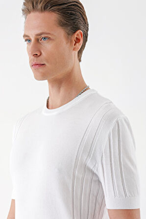 Tr 869 Slim Fit Bisiklet Yaka Kısa Kol Beyaz Triko