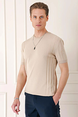 Tr 869 Slim Fit Bisiklet Yaka Kısa Kol Bej Triko