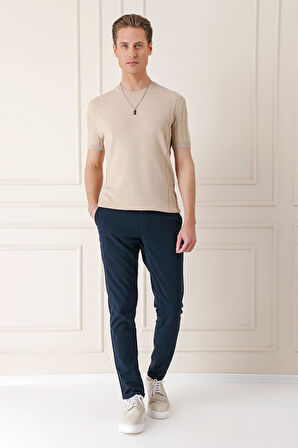 Tr 869 Slim Fit Bisiklet Yaka Kısa Kol Bej Triko