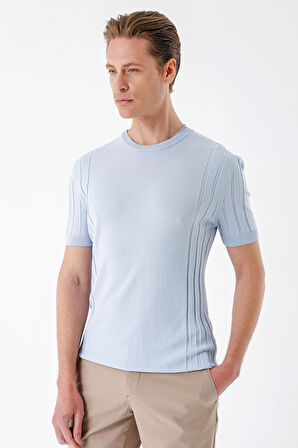 Tr 869 Slim Fit Bisiklet Yaka Kısa Kol Mavi Triko